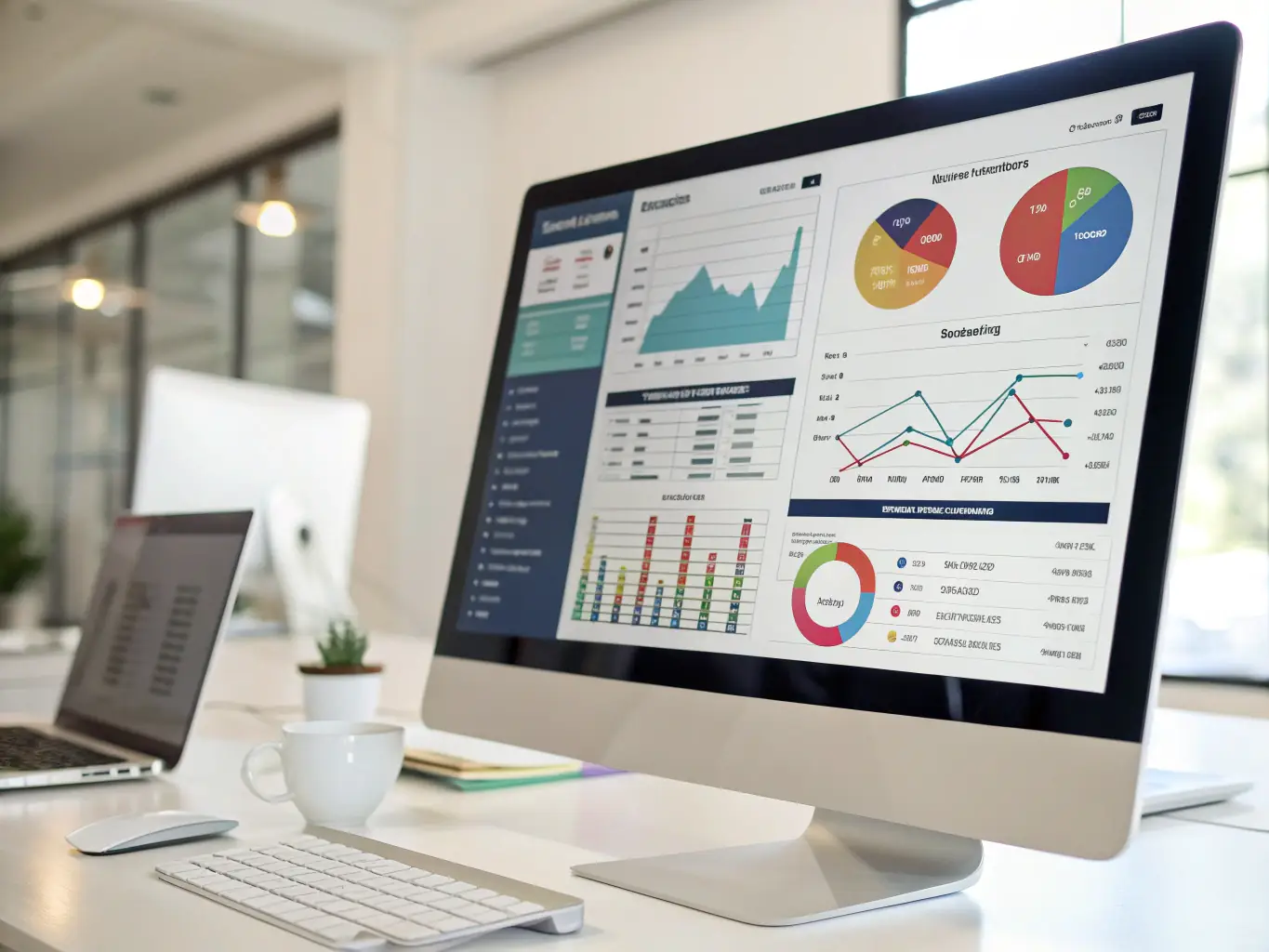 An image depicting a data analysis dashboard with colorful charts and graphs, highlighting the use of AI in interpreting educational data and improving learning outcomes.